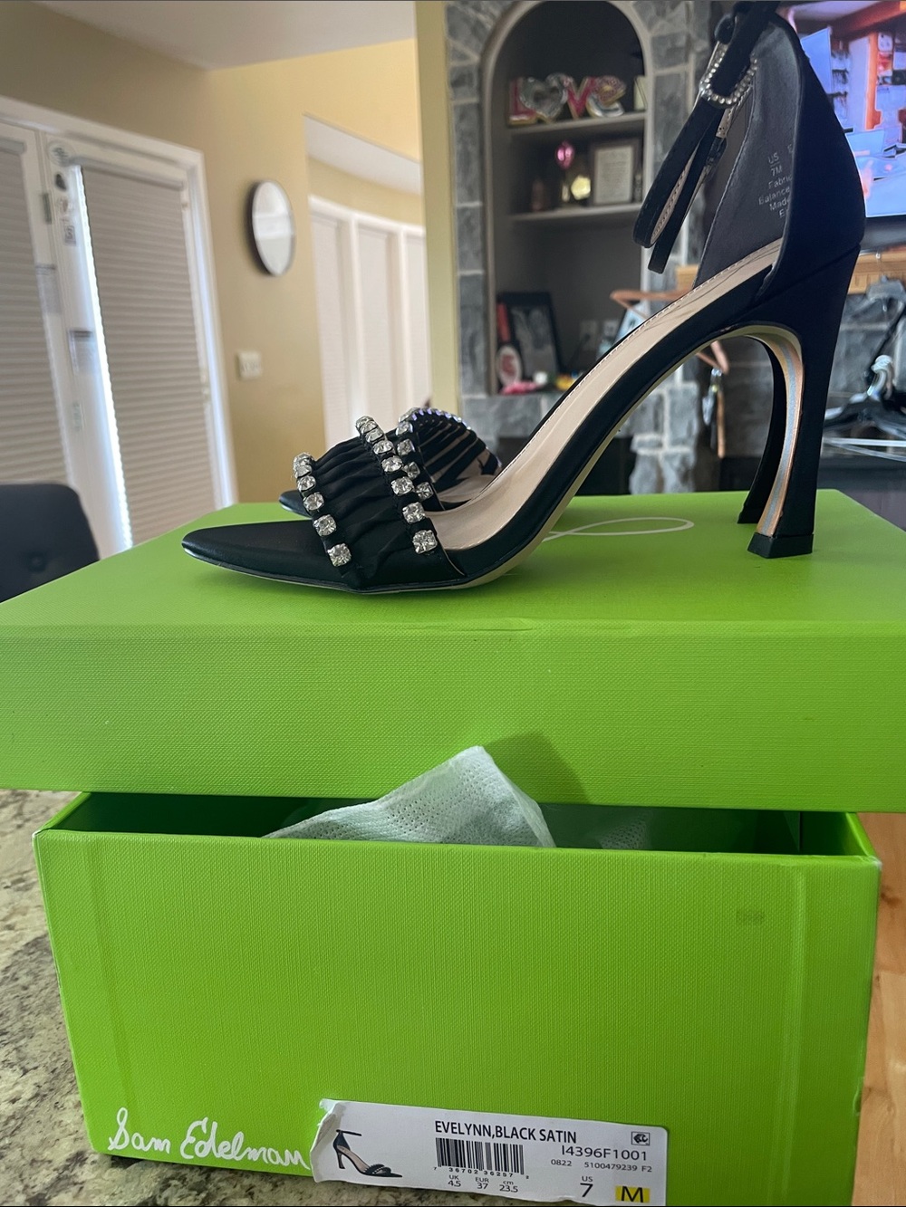 NWT Sam Edelman Evelynn Black Satin Crystal-Strap Ankle-Heel Sandal